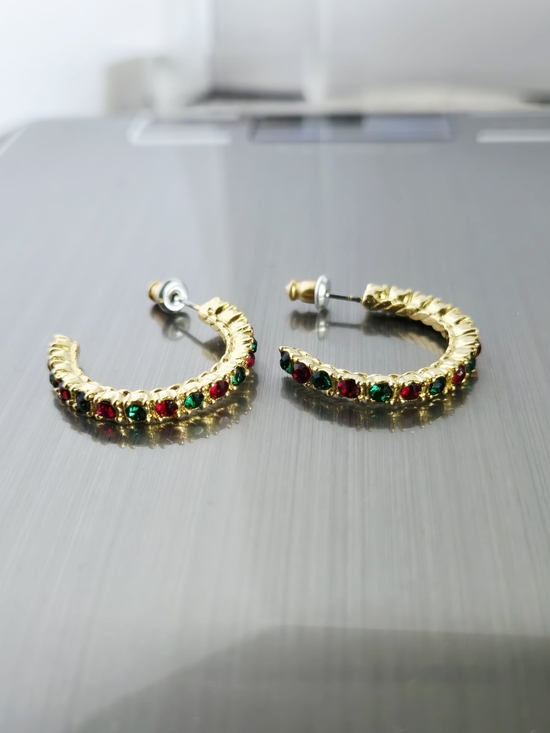 Vintage Jewelry - Vintage Gold Tone Hoop Earrings with Red and Green Stones